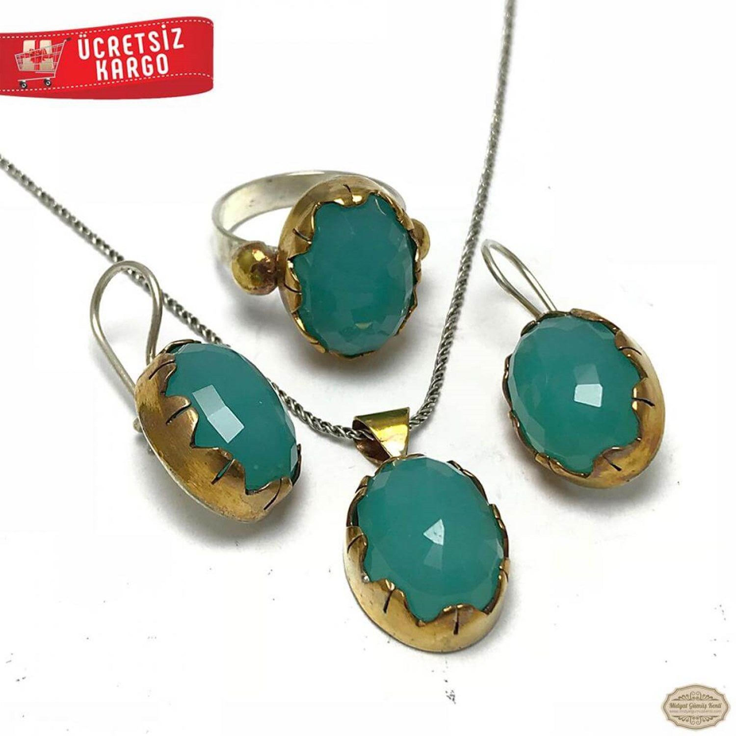 Mavi Topaz Taşlı Elips Model 925 Ayar Otantik Gümüş Üçlü Set 