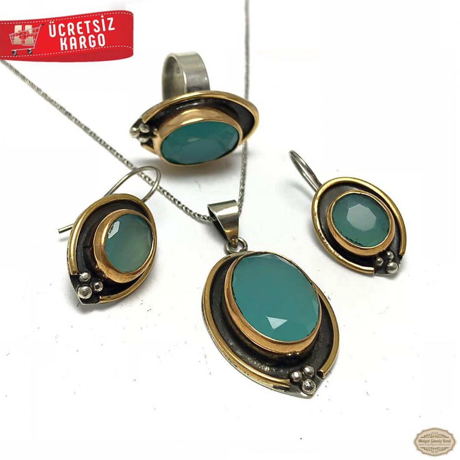 Mavi Topaz Taşlı Mekik Model 925 Ayar Otantik Gümüş Üçlü Set 