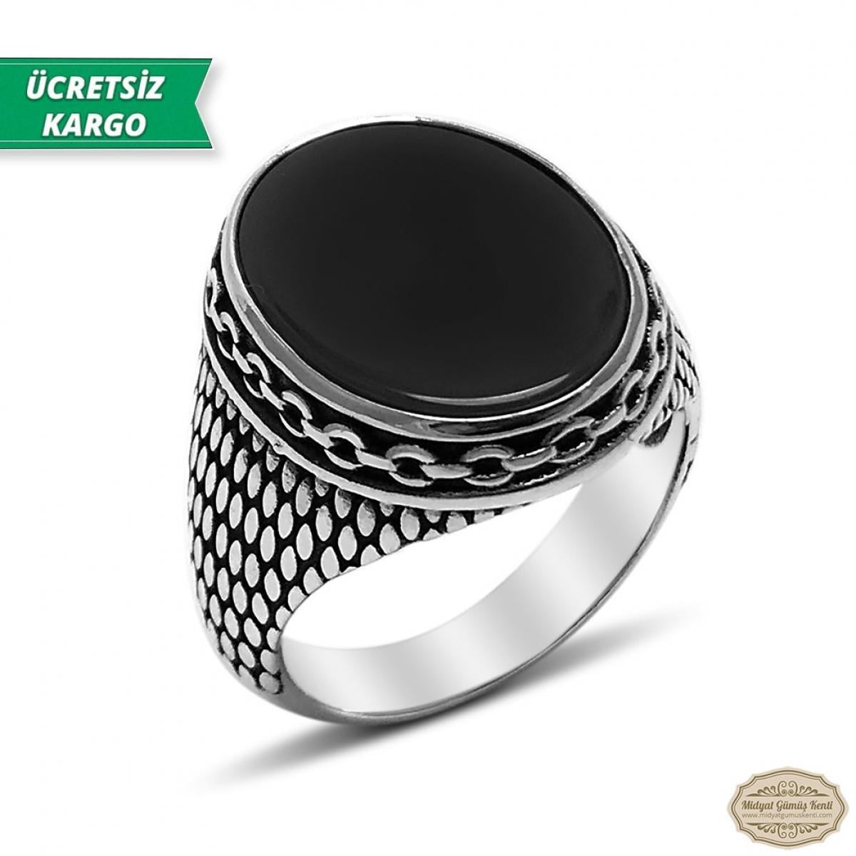 Oniks Taşlı Asur Model 925 Ayar Gümüş Erkek Yüzük