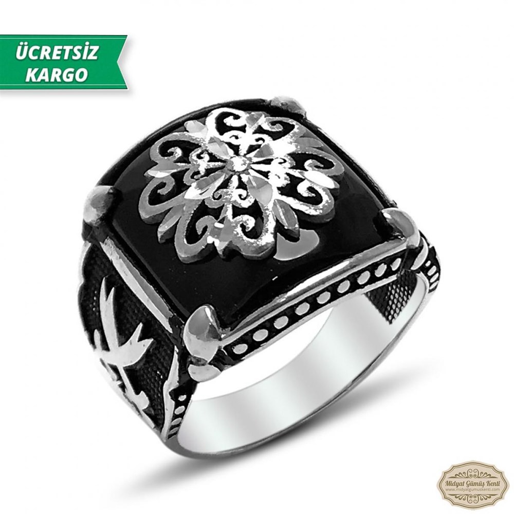 Oniks Taşlı Çift Zülfikar Model 925 Ayar Gümüş Erkek Yüzük 