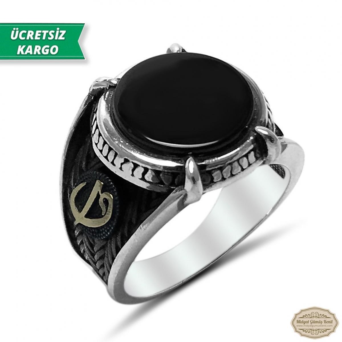 Oniks Taşlı Elif Vav Model 925 Ayar Gümüş Erkek Yüzük