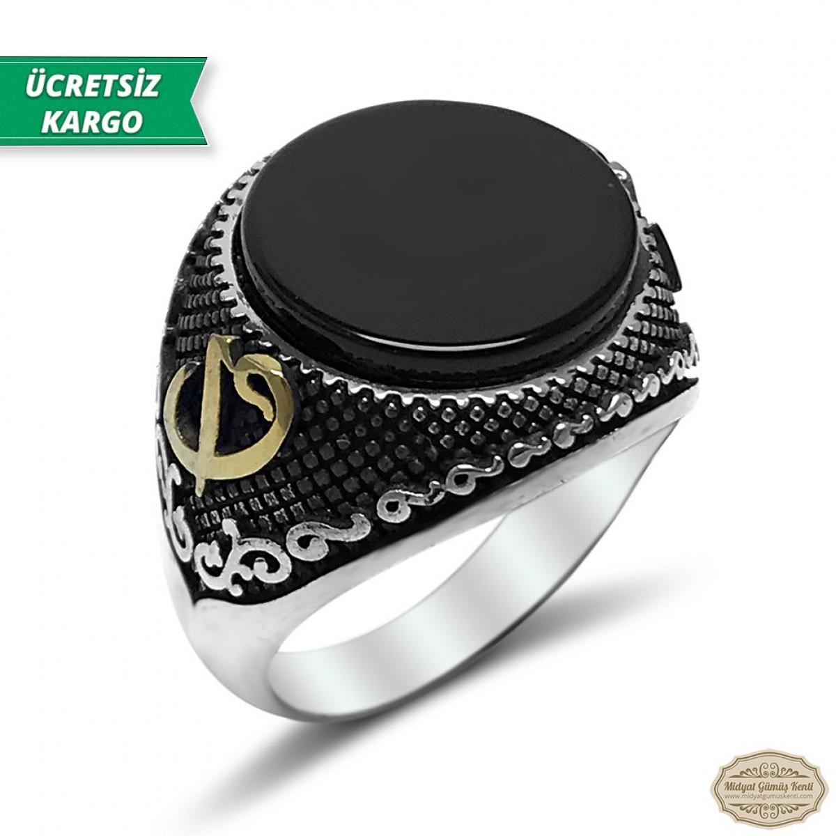 Oniks Taşlı Elif Vav Model 925 Ayar Gümüş Erkek Yüzük