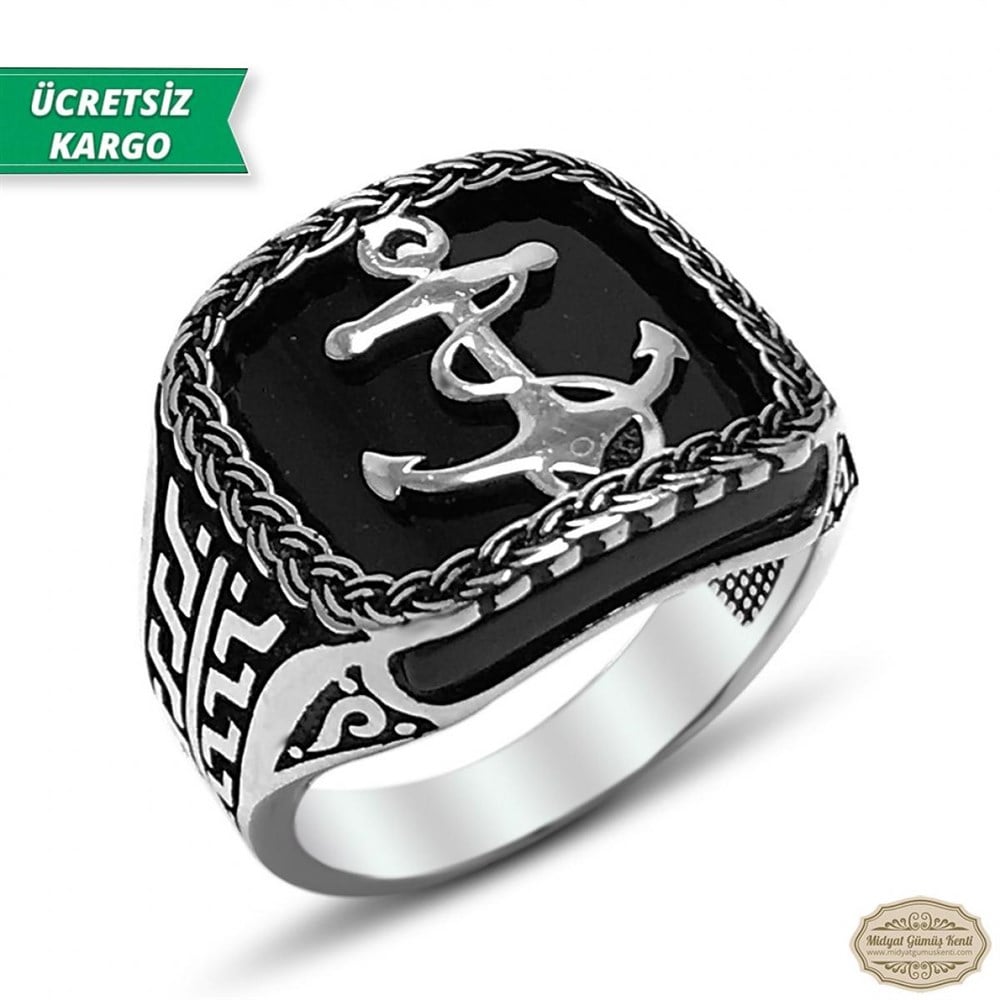 Oniks Taşlı Gemi Çapası Model 925 Ayar Gümüş Erkek Yüzük 
