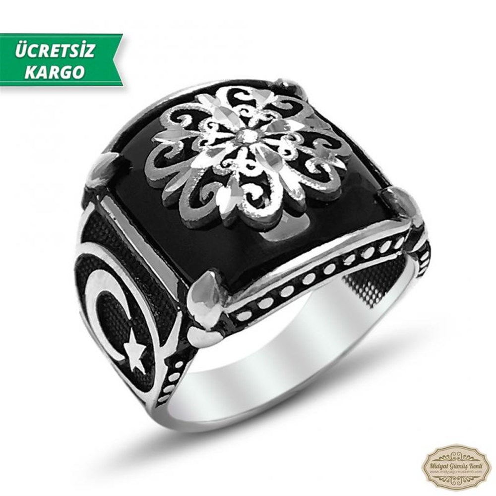 Oniks Taşlı Kalem Ayyıldız İşlemeli 925 Ayar Erkek Gümüş Yüzük