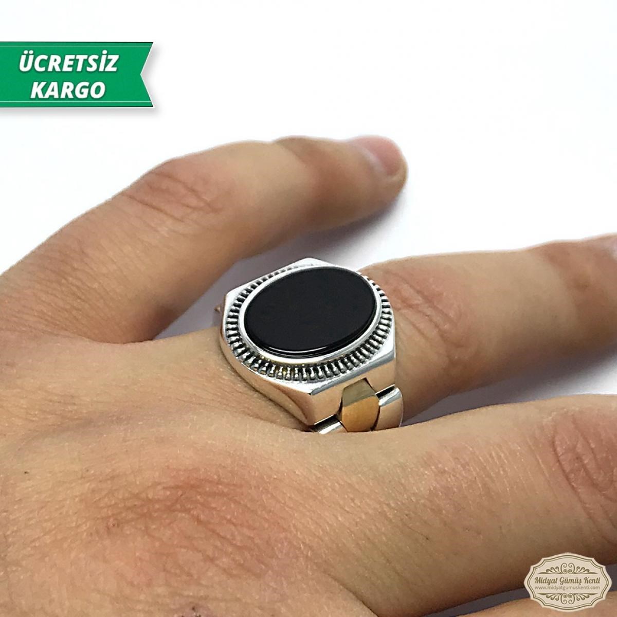 Oniks Taşlı Saat Model 925 Ayar Gümüş Erkek Yüzük