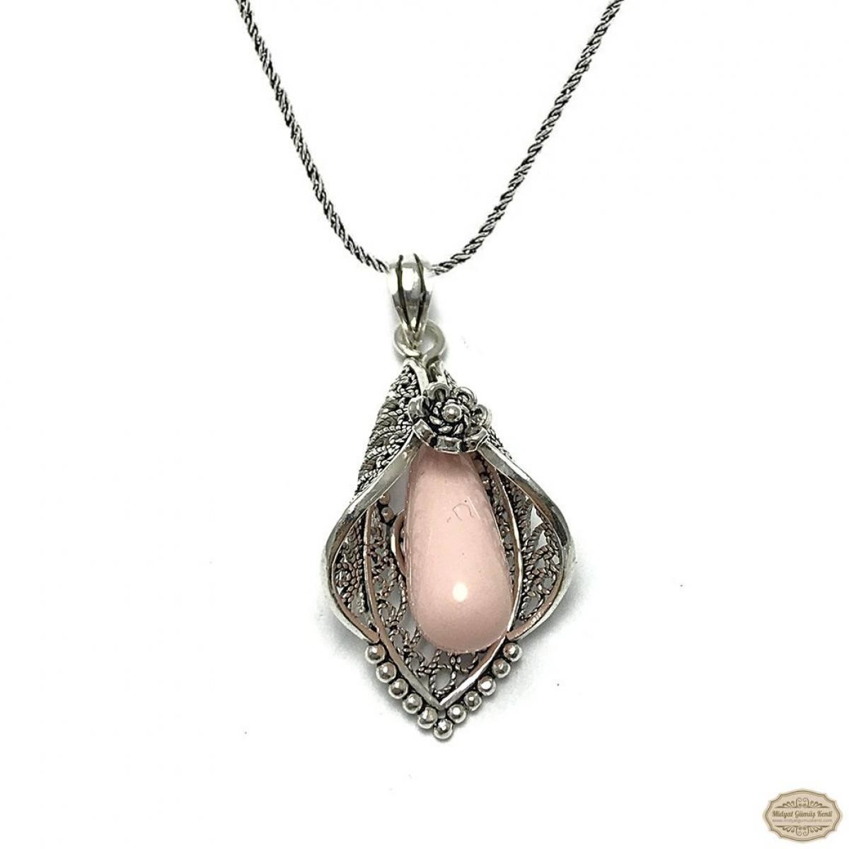 Pembe İnci Taşlı Zambak Model Oksitli Telkari Gümüş Kolye