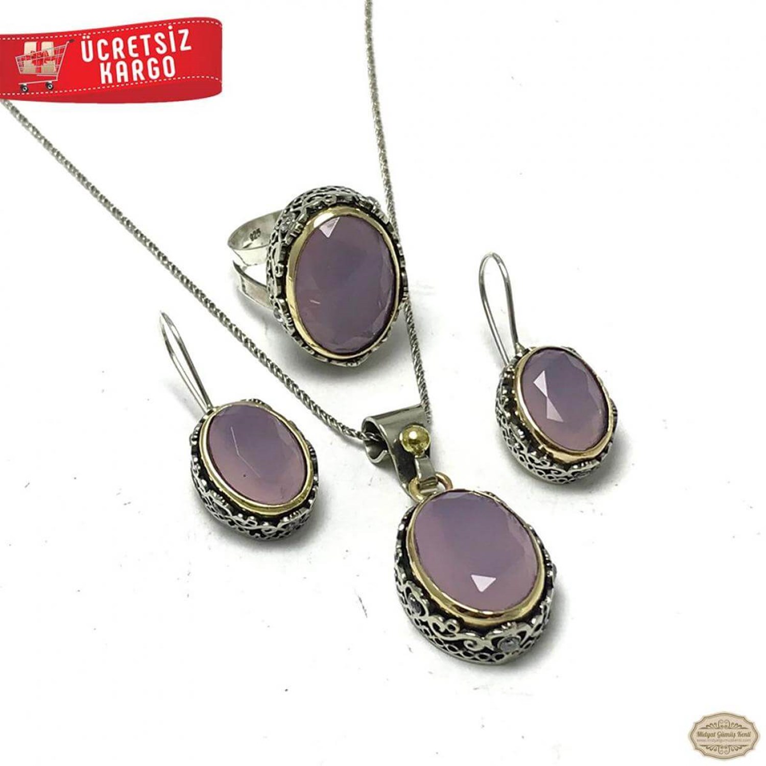 Pembe Kuvars Taşlı Elips Model 925 Ayar Otantik Gümüş Üçlü Set 