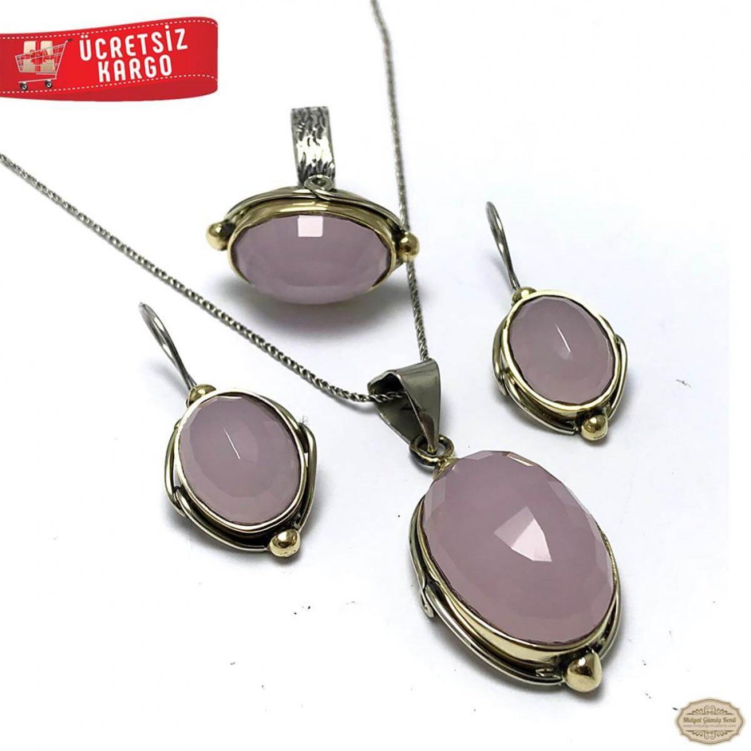 Pembe Kuvars Taşlı Elips Sarmal Model 925 Ayar Otantik Gümüş Üçlü Set