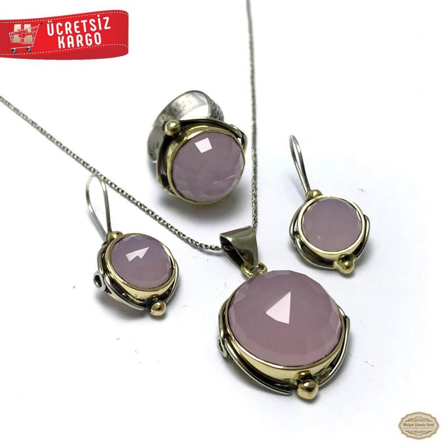 Pembe Kuvars Taşlı Sarmal Model 925 Ayar Otantik Gümüş Üçlü Set