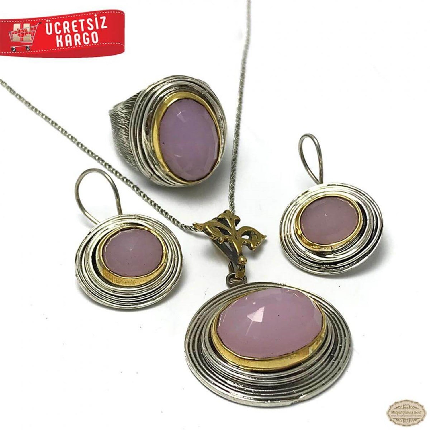 Pembe Kuvars Taşlı Sarmal Model 925 Ayar Gümüş Takı Seti 