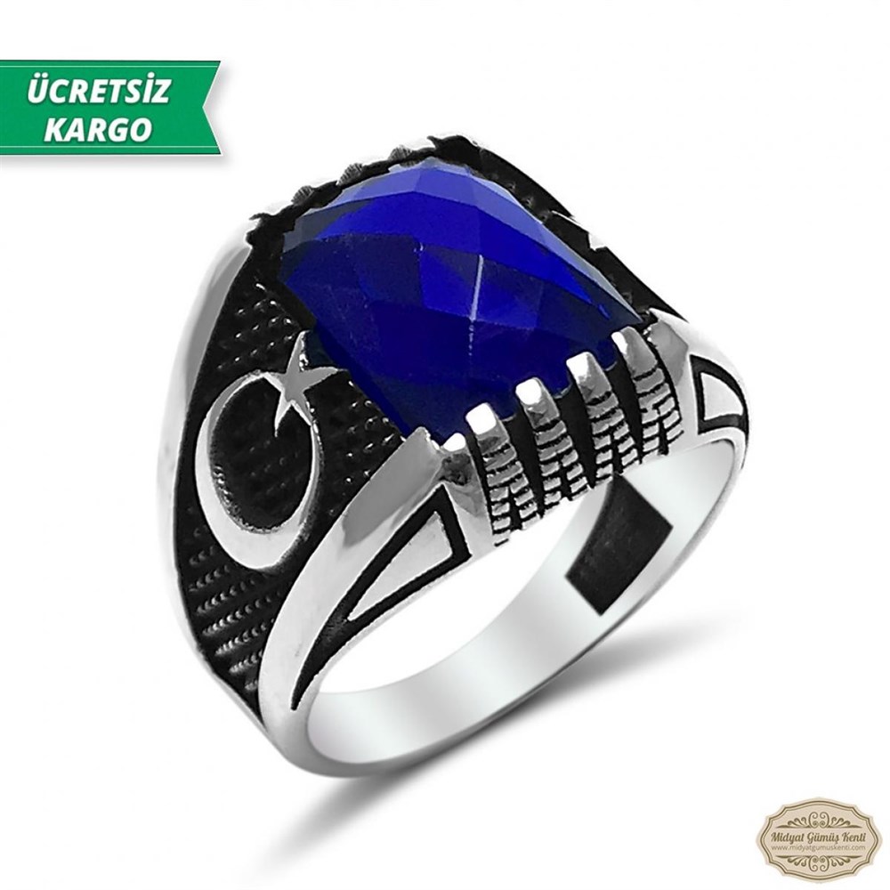 Safir Taşlı Ayyıldız Model 925 Ayar Gümüş Erkek Yüzük