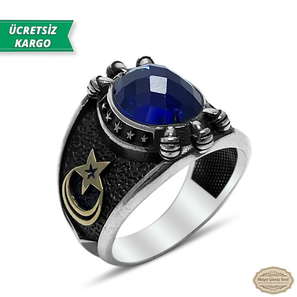 Safir Taşlı Ayyıldız Model 925 Ayar Gümüş Erkek Yüzük
