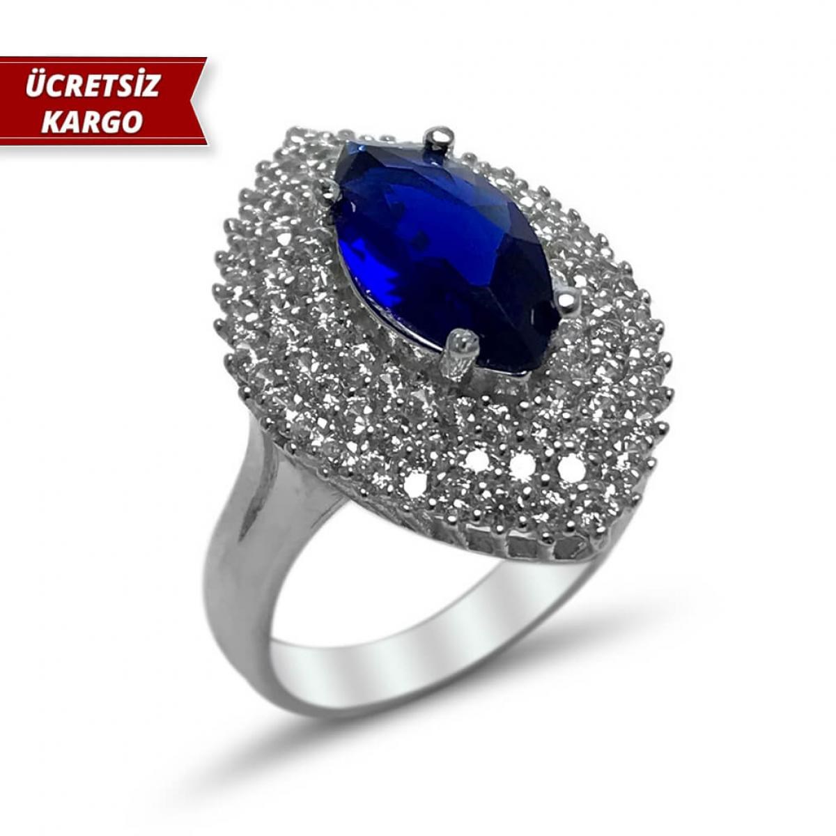 Safir Taşlı Çekik Model Zirkon Gümüş Yüzük