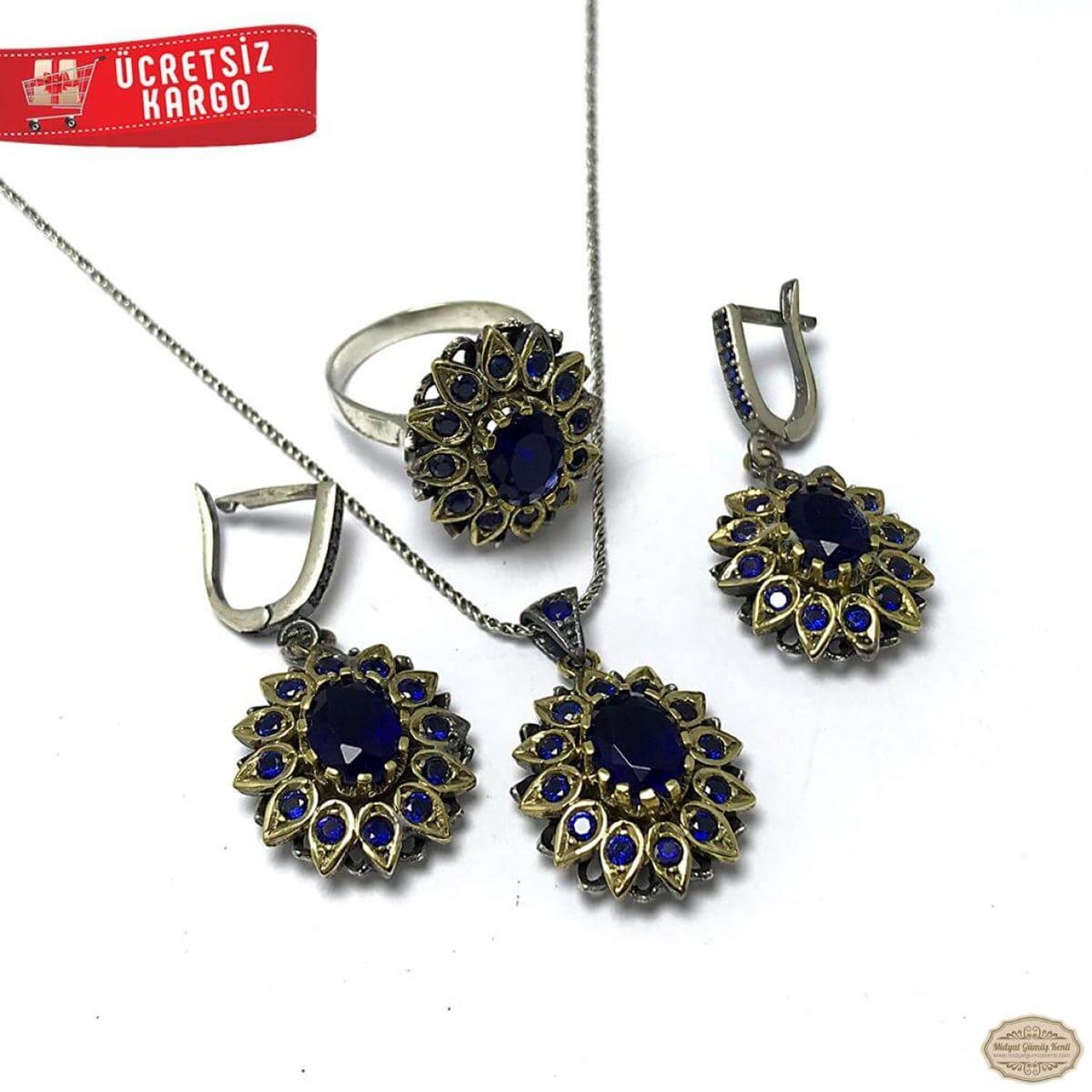 Safir Taşlı Çiçek Model 925 Ayar Otantik Gümüş Üçlü Set