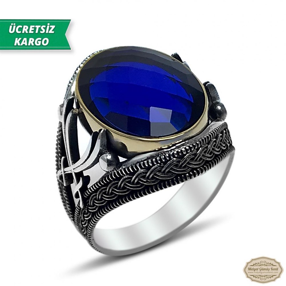 Safir Taşlı Çift Zülfikar Model 925 Ayar Gümüş Erkek Yüzük 