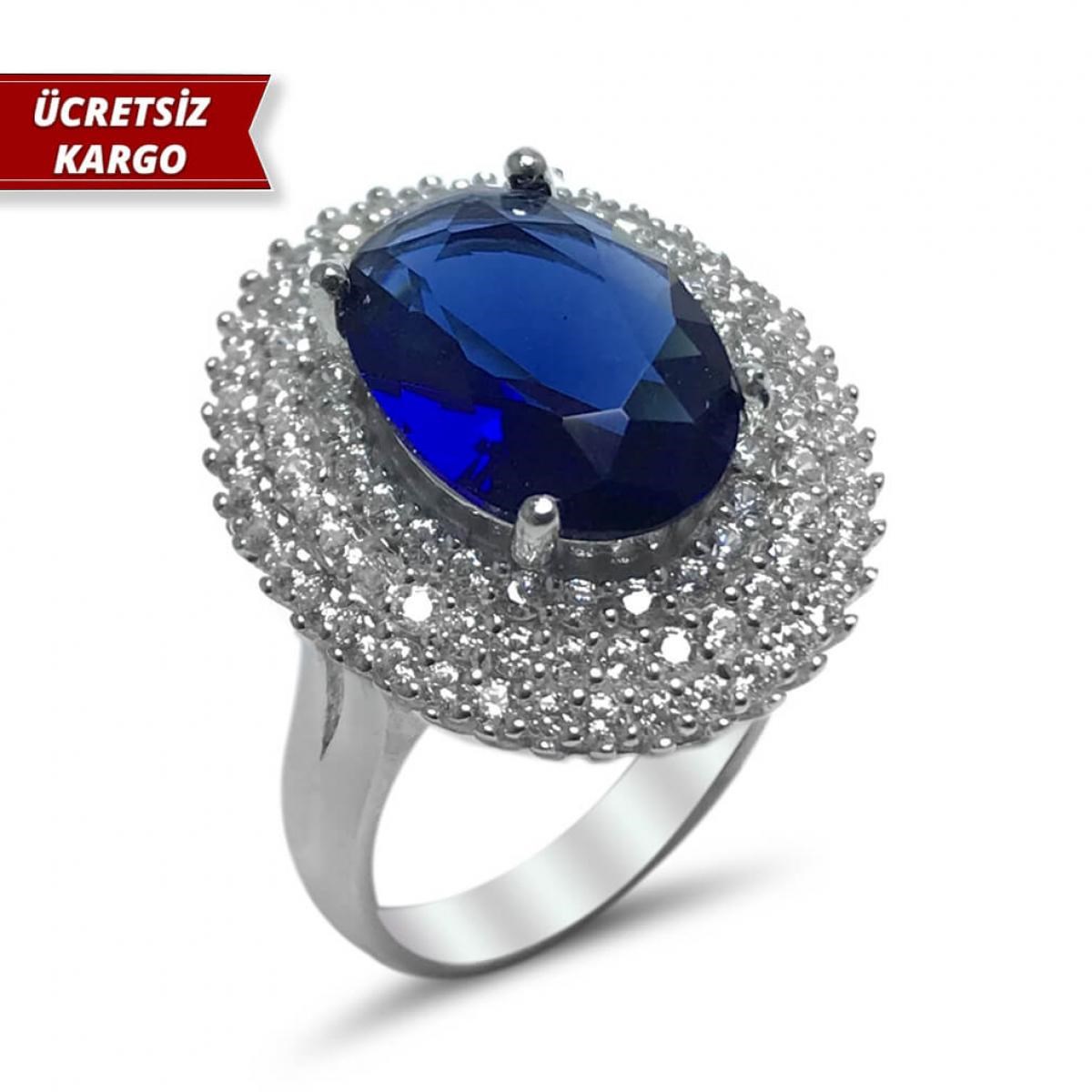 Safir Taşlı Elips Model Zirkon Gümüş Yüzük