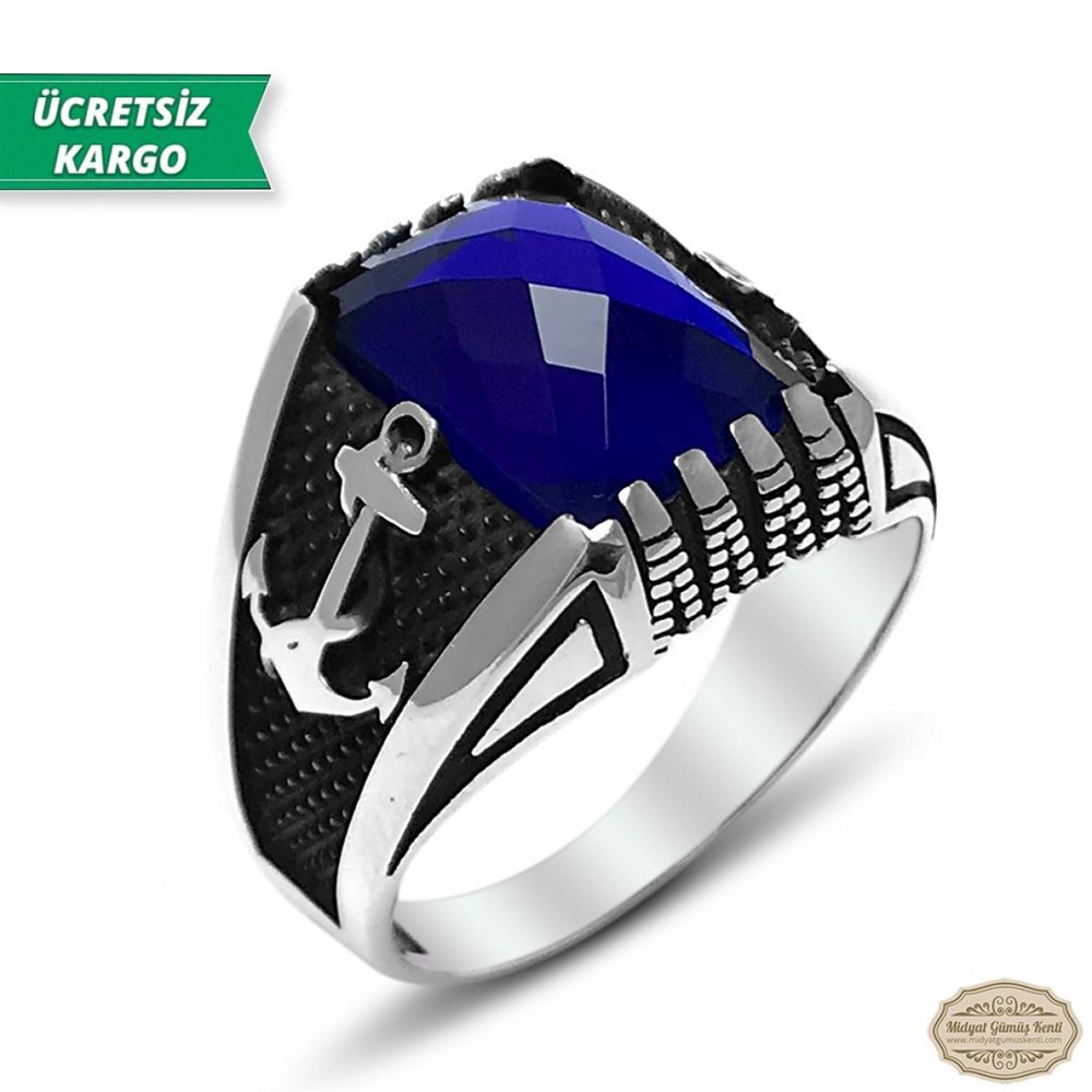 Safir Taşlı Gemi Çapası Model 925 Ayar Gümüş Erkek Yüzük 