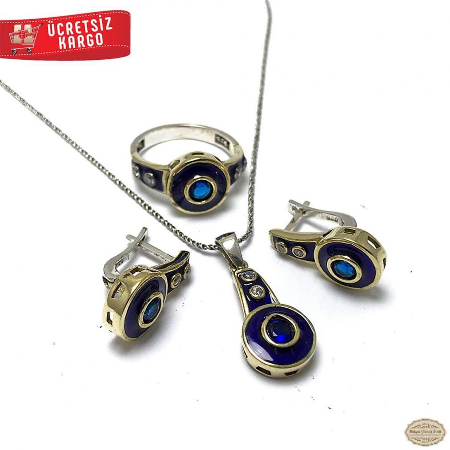 Safir Taşlı Mineli Model 925 Ayar Otantik Gümüş Üçlü Set