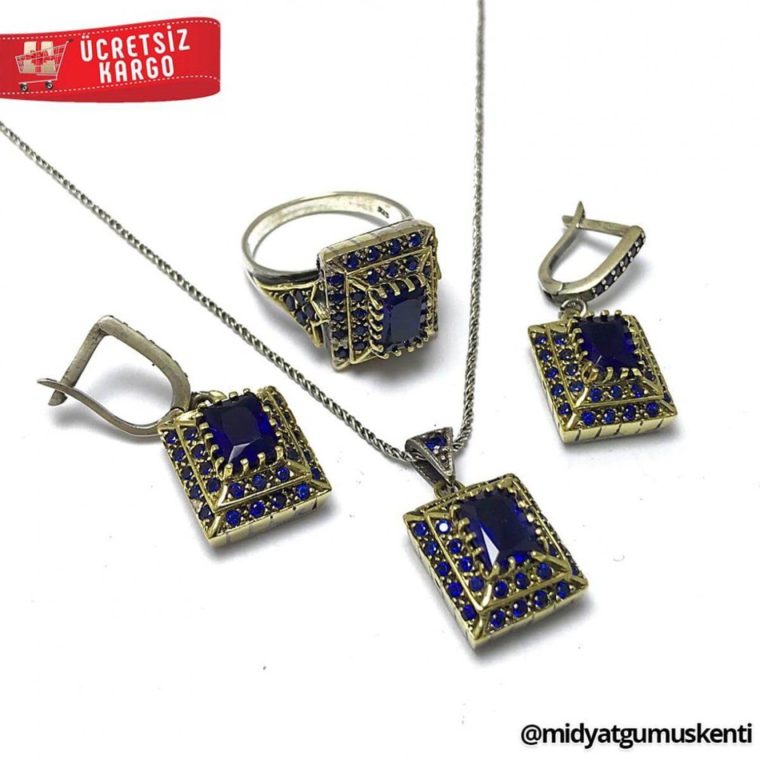 Safir Taşlı Piramit Model 925 Ayar Otantik Gümüş Üçlü Set 