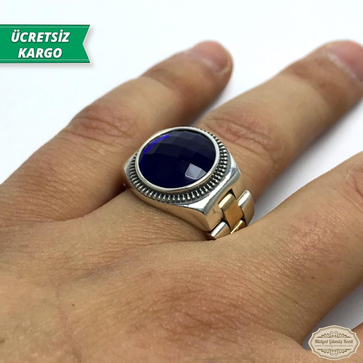 Safir Taşlı Saat Model 925 Ayar Gümüş Erkek Yüzük