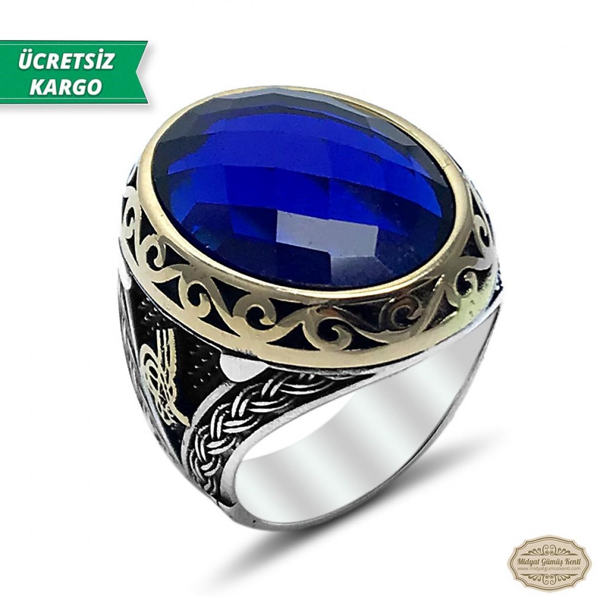 Safir Taşlı Tuğralı Model 925 Ayar Gümüş Erkek Yüzük