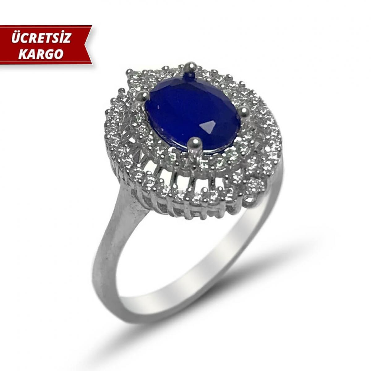 Safir Taşlı Yuvarlak Model Zirkon Gümüş Yüzük