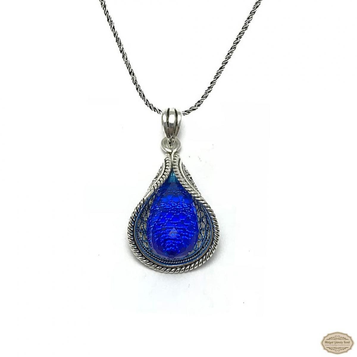 Safir Taşlı Zambak Model Oksitli Telkari Gümüş Kolye 