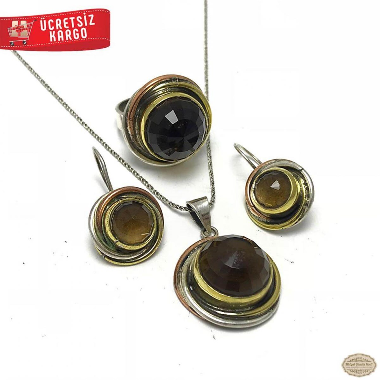 Sitrin Taşlı Sarmal Model 925 Ayar Otantik Gümüş Üçlü Set 