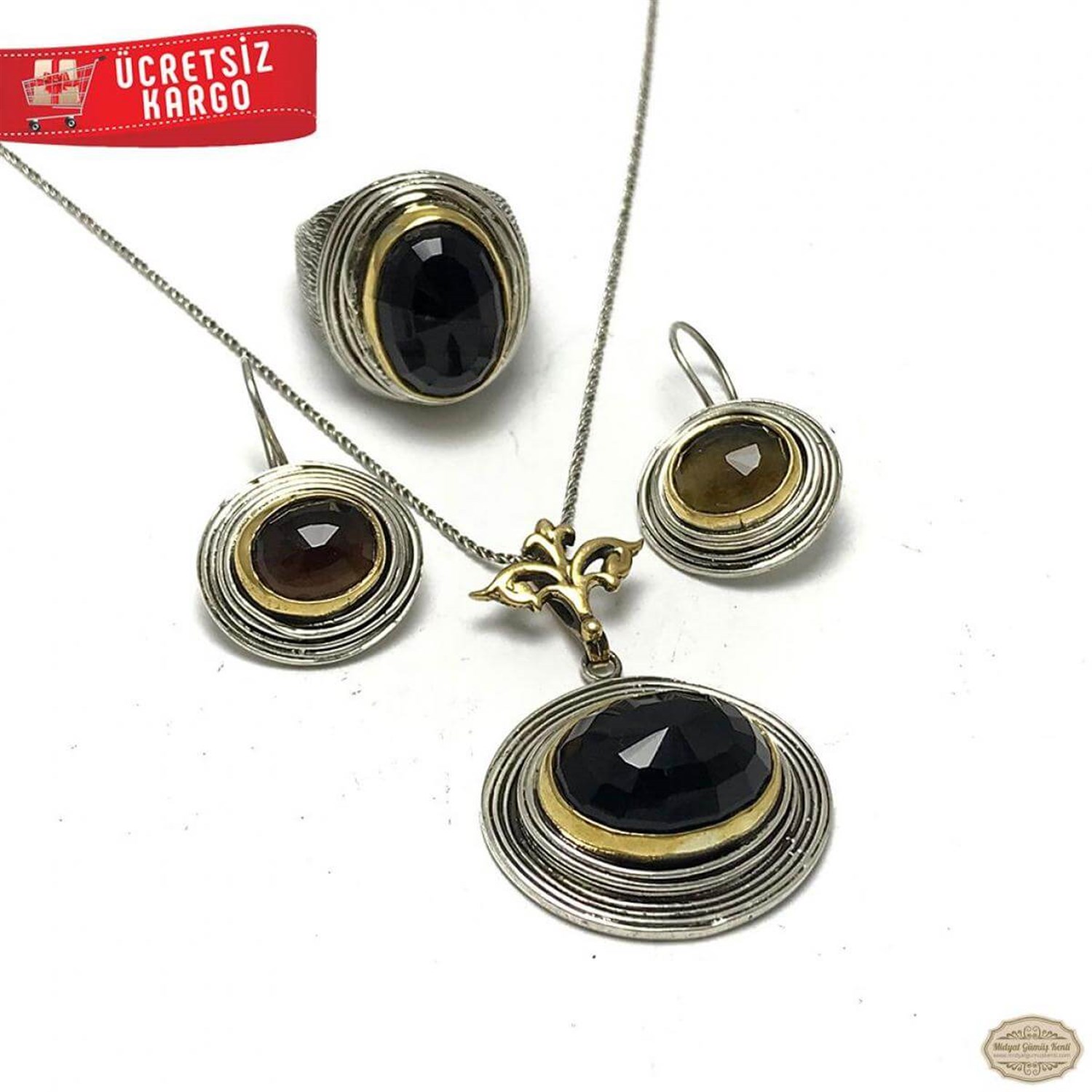 Sitrin Taşlı Sarmal Model 925 Ayar Otantik Gümüş Üçlü Set 