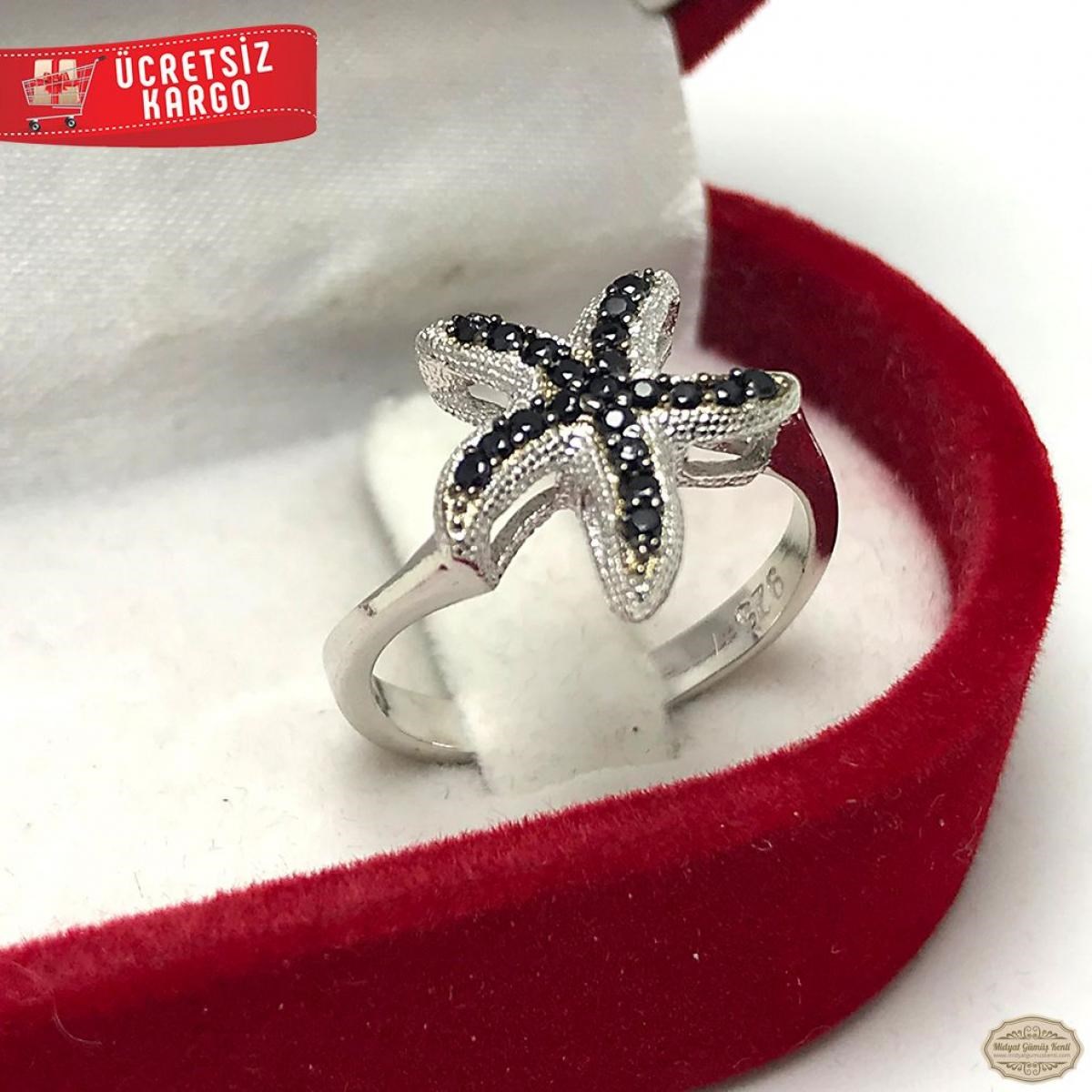 Siyah Zirkon Taşlı Denizyıldızı Model 925 Ayar Gümüş Yüzük 