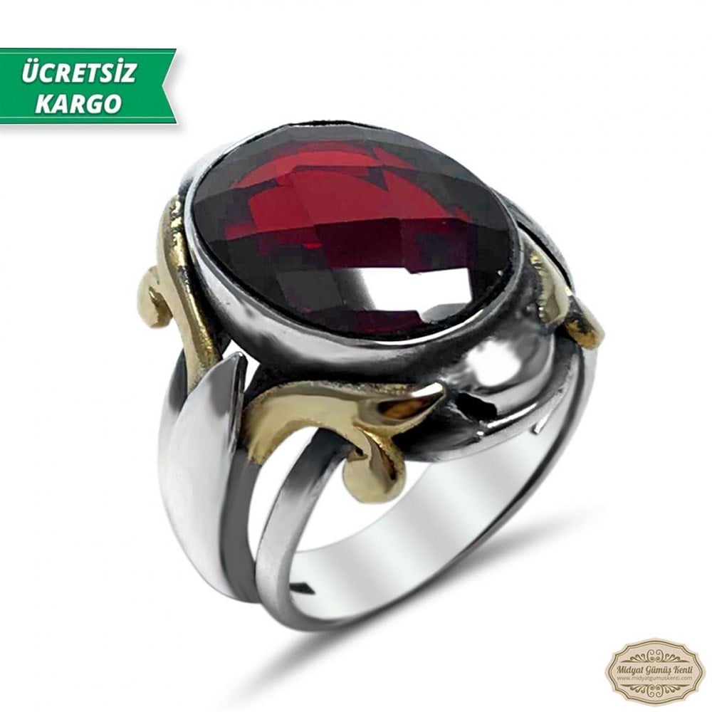 Yakut Taşlı Boynuz Model 925 Ayar Gümüş Erkek Yüzük