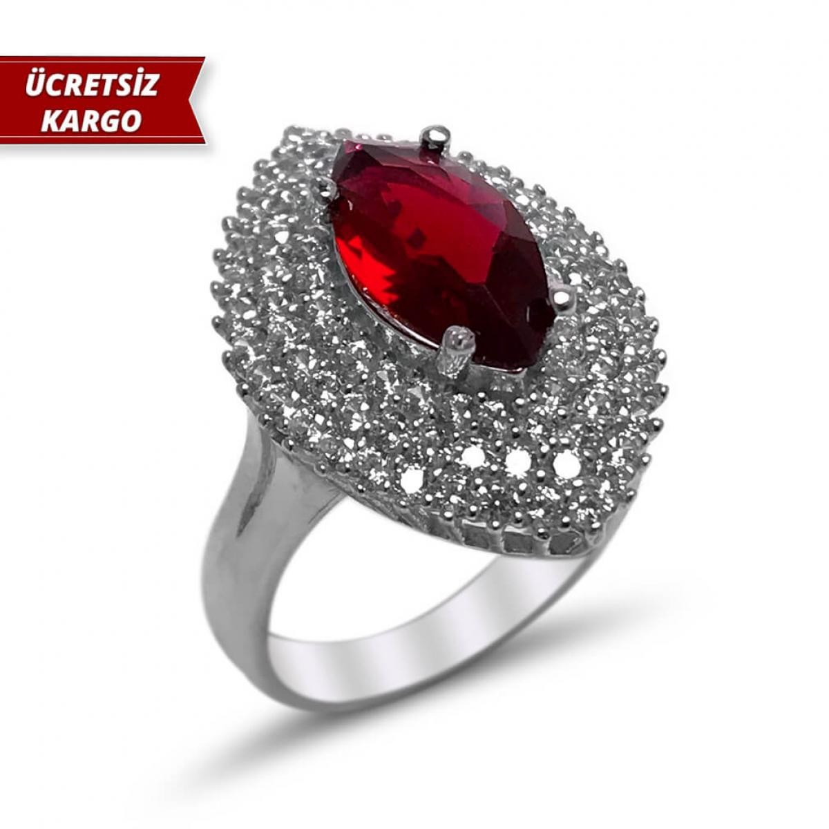 Yakut Taşlı Çekik Model Zirkon Gümüş Yüzük