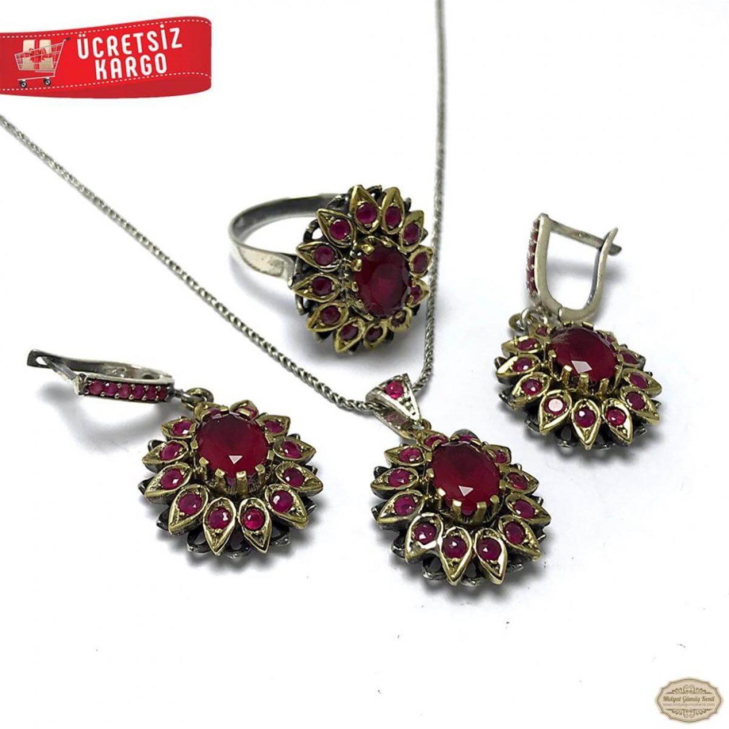 Yakut Taşlı Çiçek Model 925 Ayar Otantik Gümüş Üçlü Set