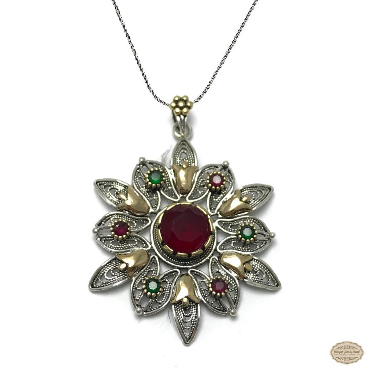Yakut Taşlı Çiçek Model Oksitli Telkari Gümüş Kolye