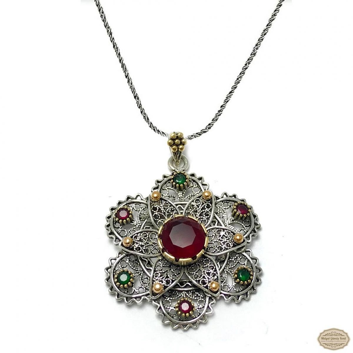 Yakut Taşlı Çiçek Model Oksitli Telkari Gümüş Kolye