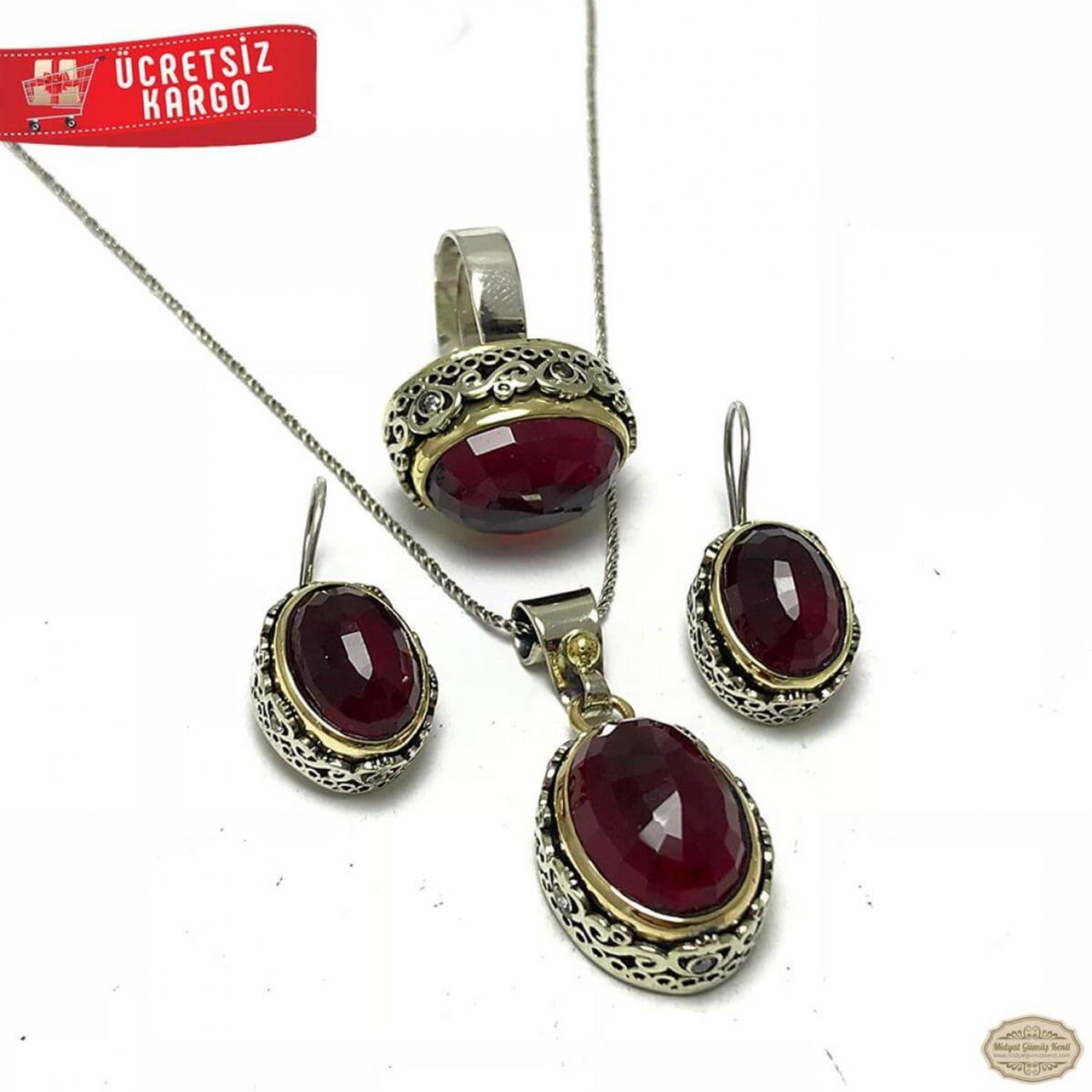 Yakut Taşlı Elips Model 925 Ayar Otantik Gümüş Üçlü Set