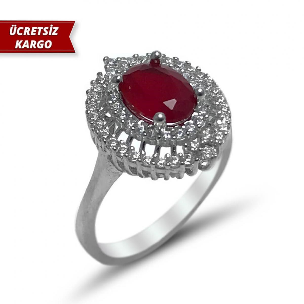 Yakut Taşlı Yuvarlak Model Zirkon Gümüş Yüzük