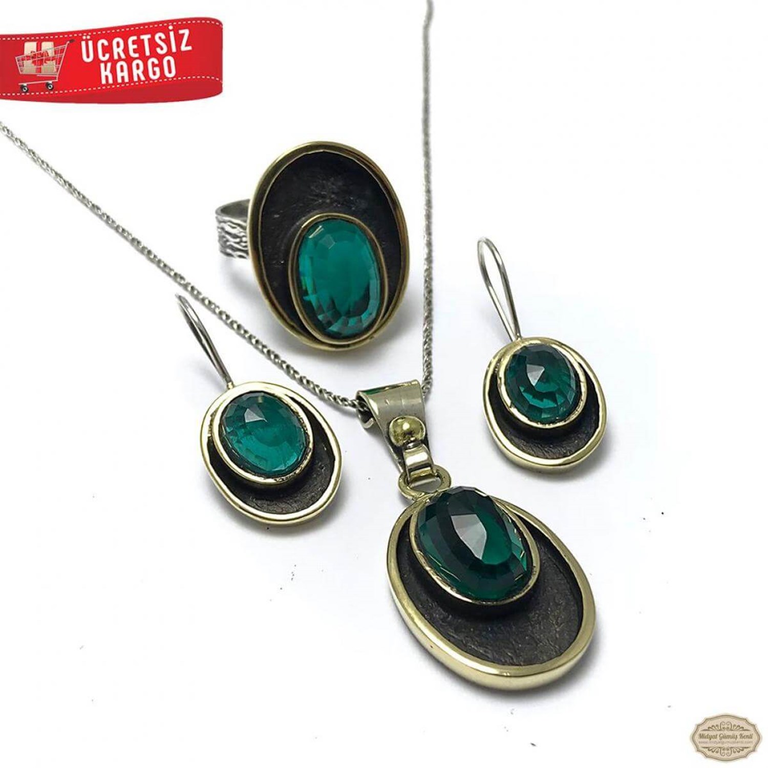 Yeşim Taşlı Mineli Model 925 Ayar Otantik Gümüş Üçlü Set 