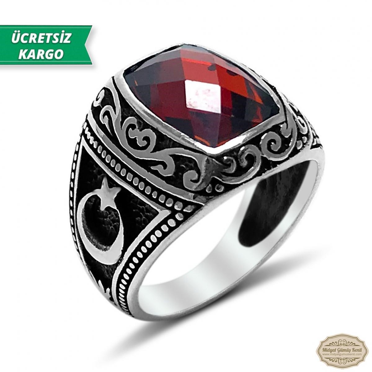 Zirkon Taşlı Ayyıldız Model 925 Ayar Gümüş Erkek Yüzük