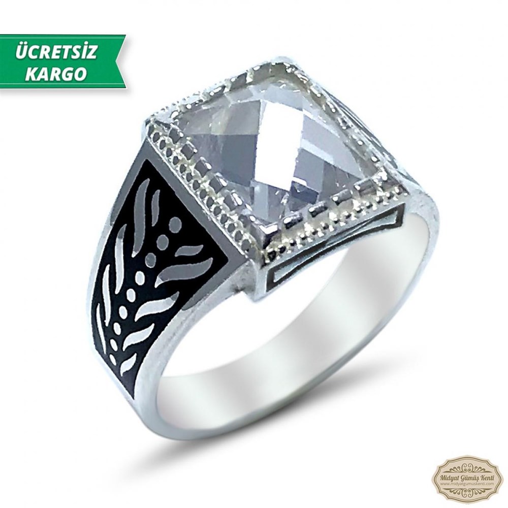 Zirkon Taşlı Kare Model 925 Ayar Gümüş Erkek Yüzük