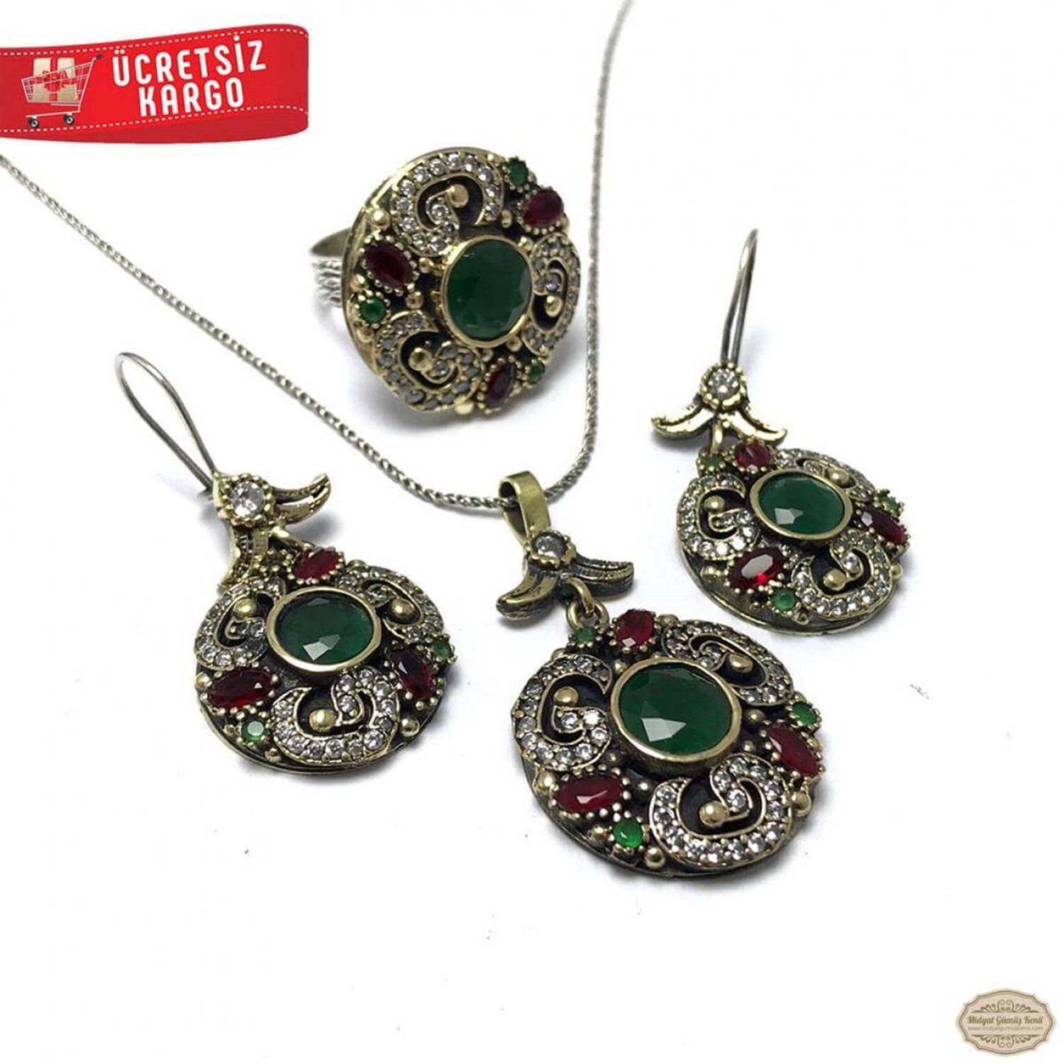 Zümrüt Taşlı Gül Model 925 Ayar Otantik Gümüş Üçlü Set