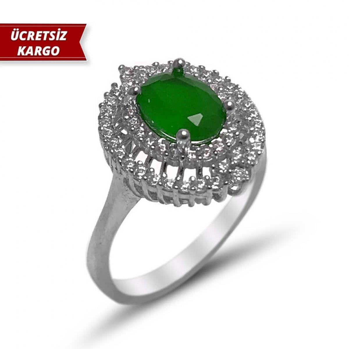 Zümrüt Taşlı Yuvarlak Model Zirkon Gümüş Yüzük