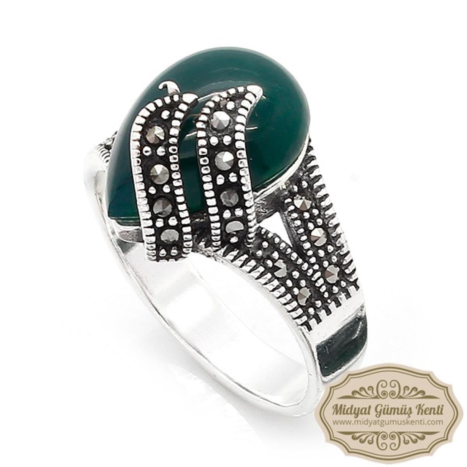 Akik Taşlı Damla Model 925 Ayar Bayan Markazit Gümüş Yüzük