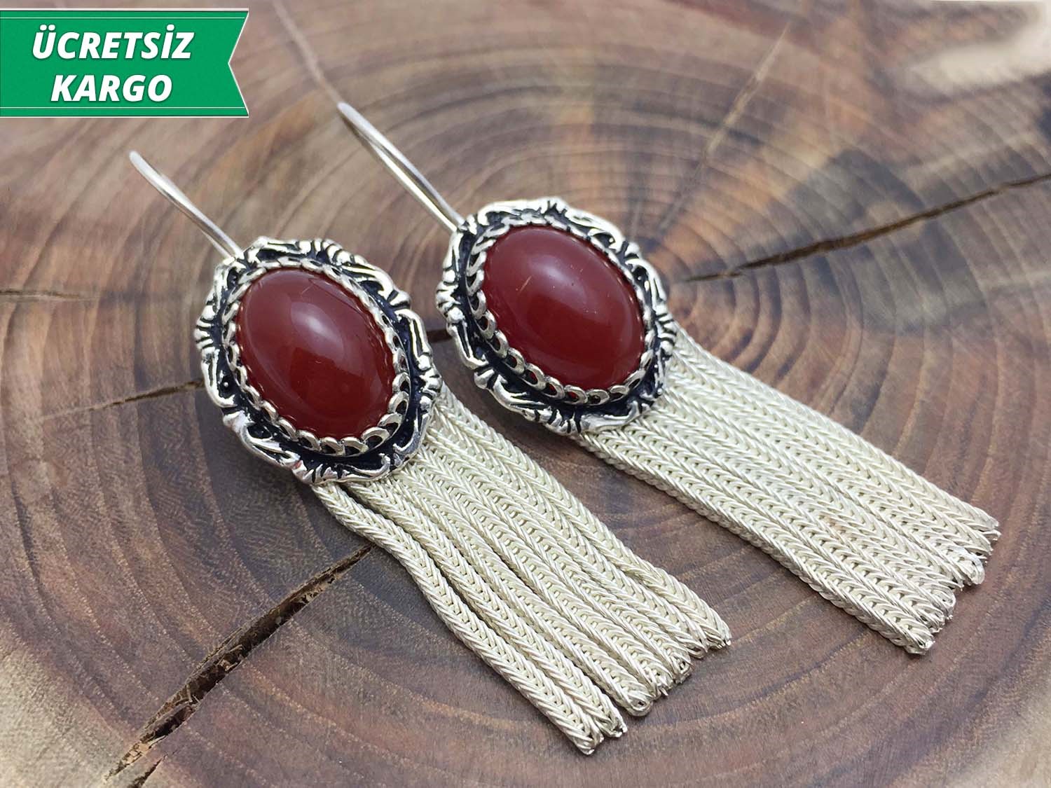 Akik Taşlı Mardin Hasırı Gümüş Bayan Küpe