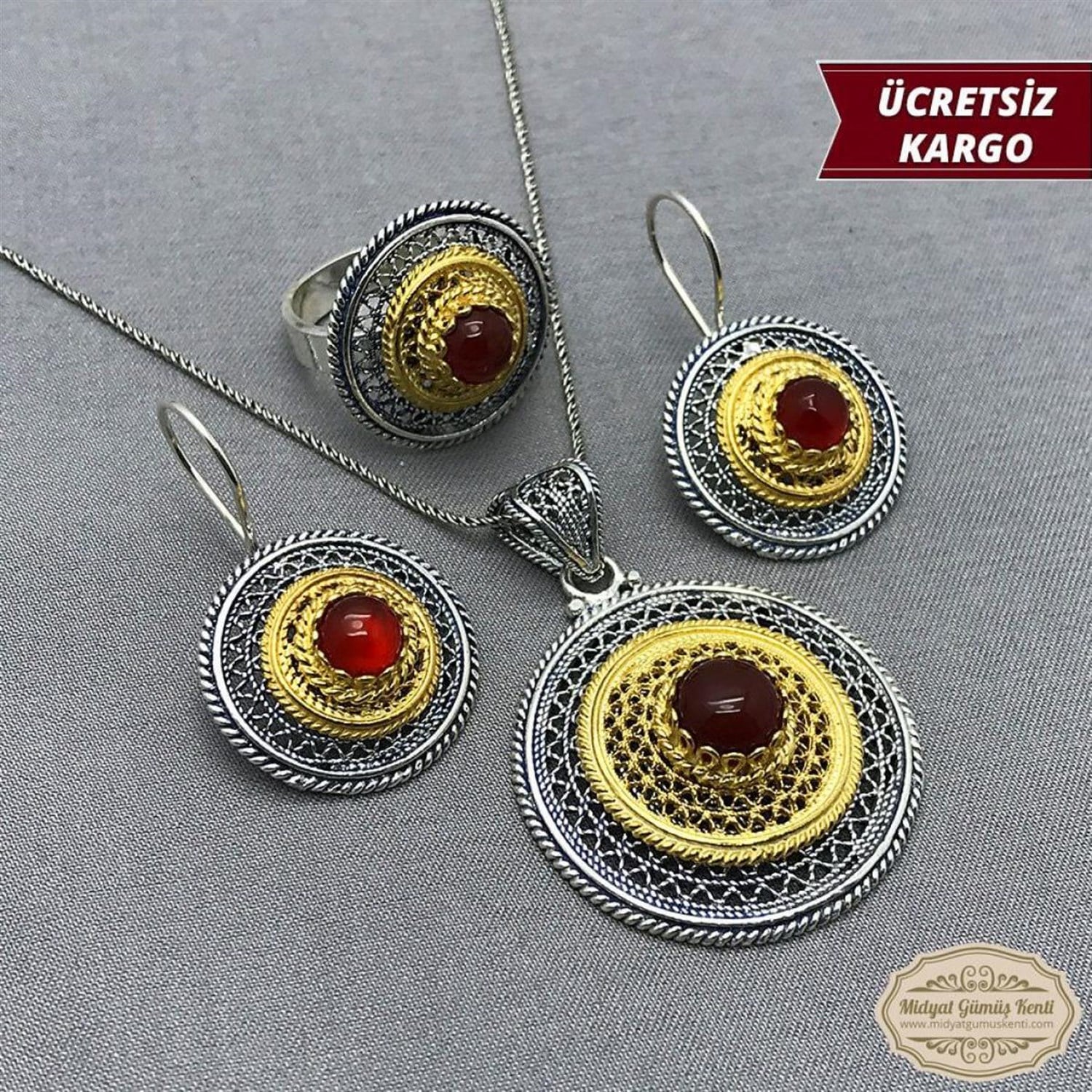 Akik Taşlı Mardin Yöresel Model 925 Ayar Bayan Oksitli Telkari Gümüş Üçlü Set