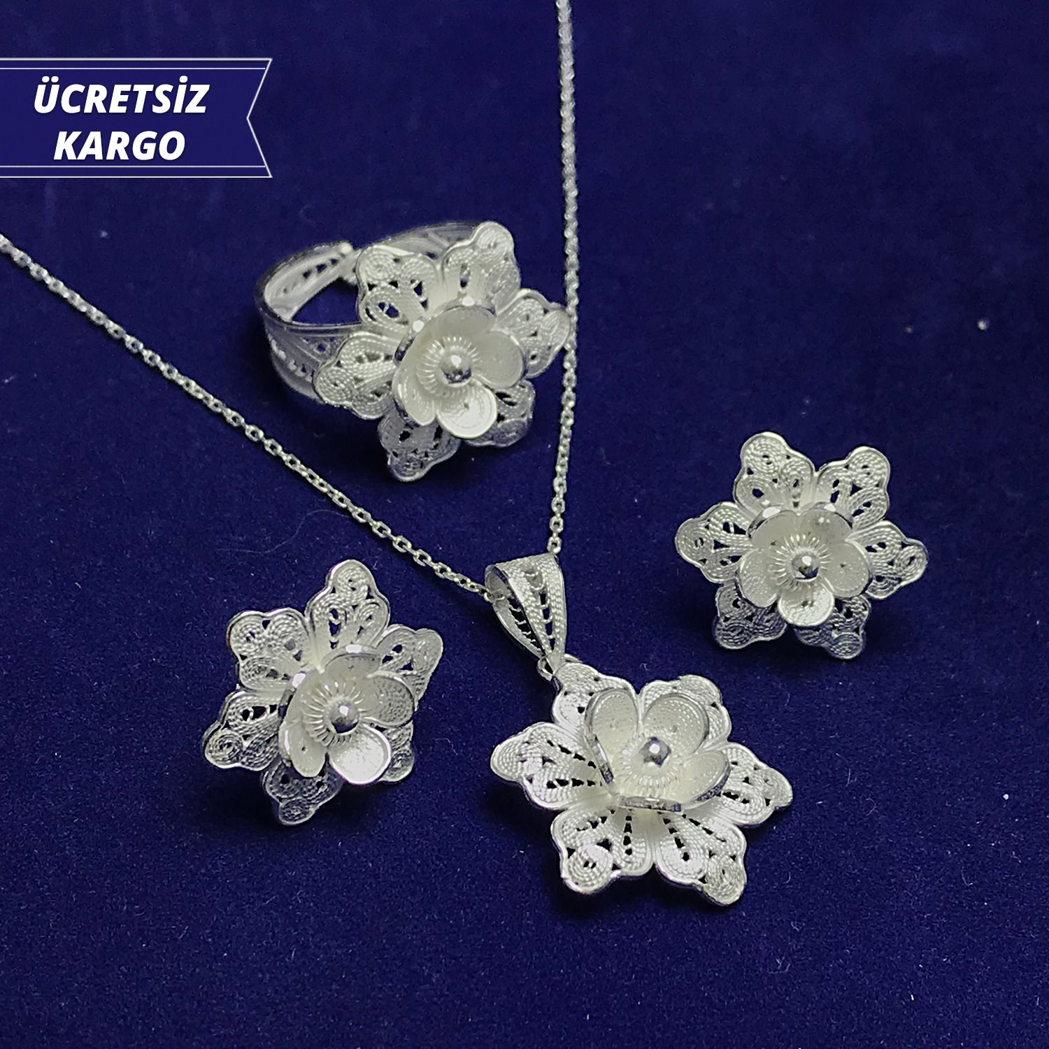 Akşam Sefası Model 925 Ayar Telkari Bayan Gümüş Üçlü Set