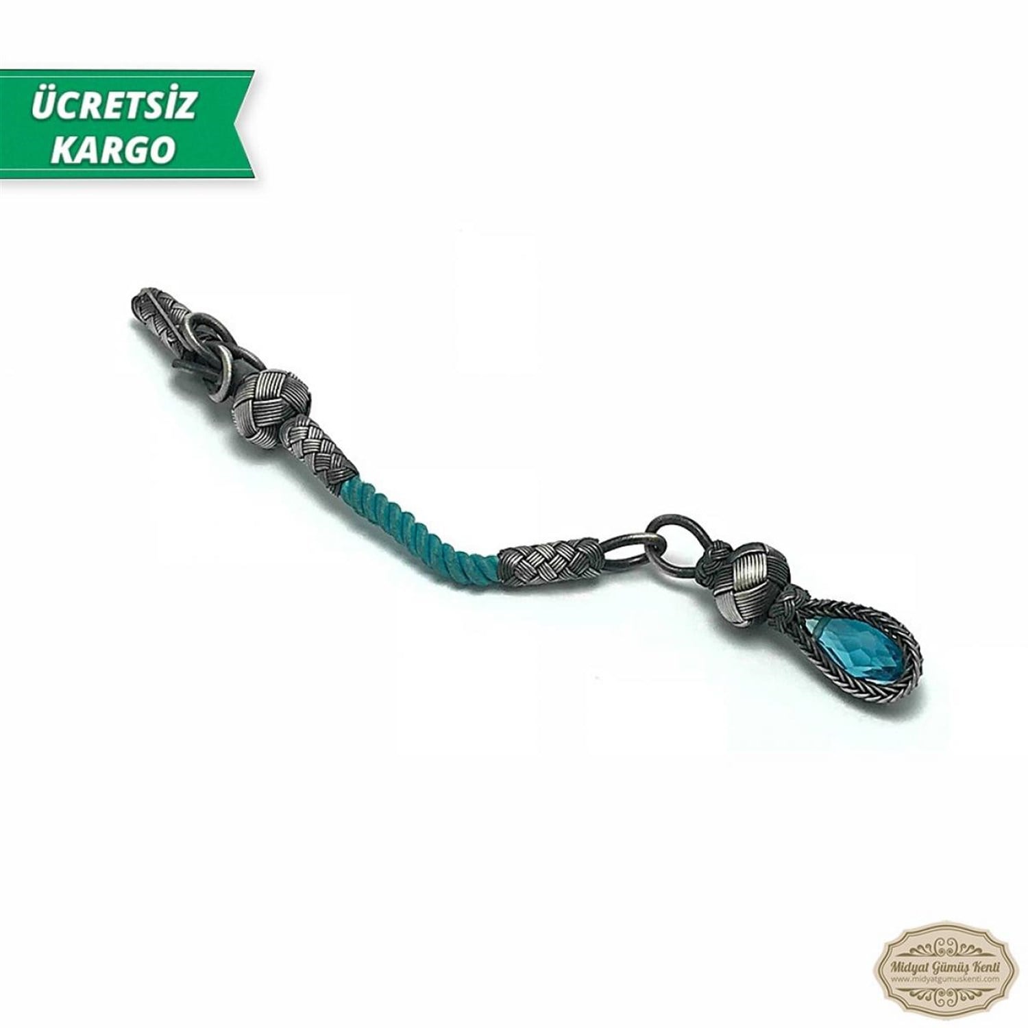 Akuamarin Taşlı 1000 Ayar Kazaziye Gümüş Tespih Püskülü