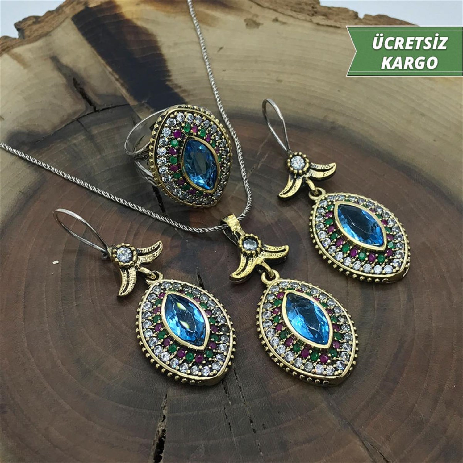 Akuamarin Taşlı Mekik Model 925 Ayar Otantik Gümüş Üçlü Set