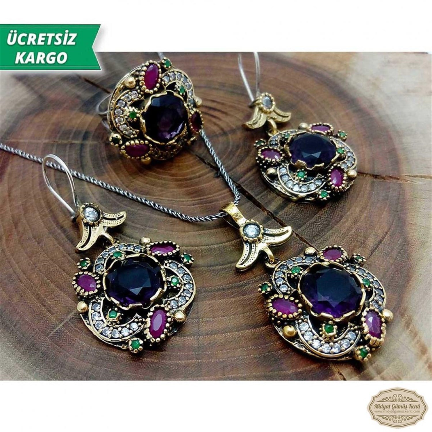 Ametist Taşlı Lale Model Bayan Otantik Gümüş Takı Seti