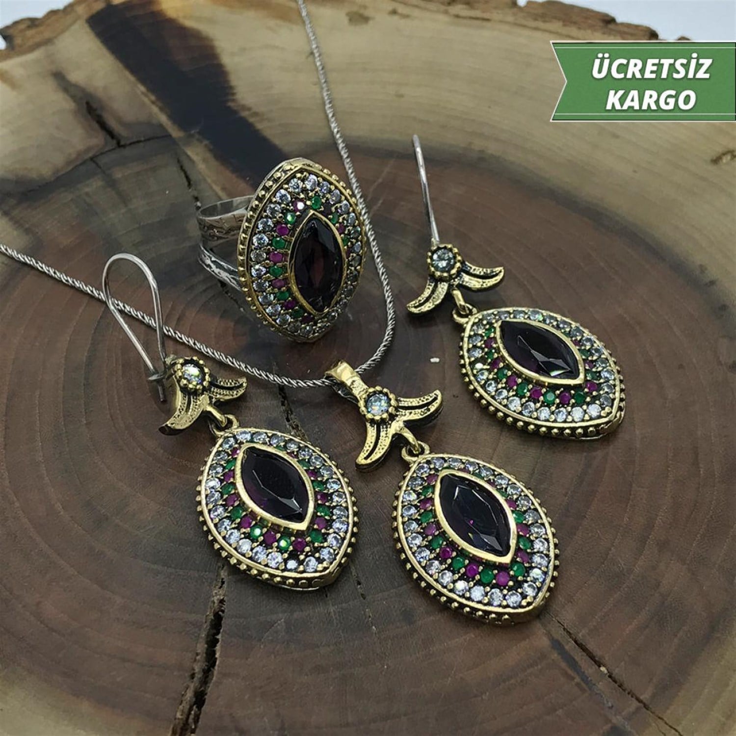 Ametist Taşlı Mekik Model 925 Ayar Otantik Gümüş Üçlü Set